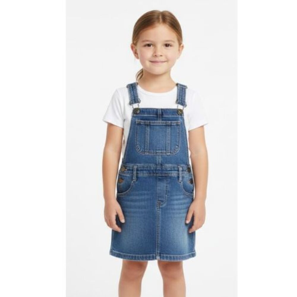 Genevieve Lapierre girls jeans dress overall with buttons, pockets